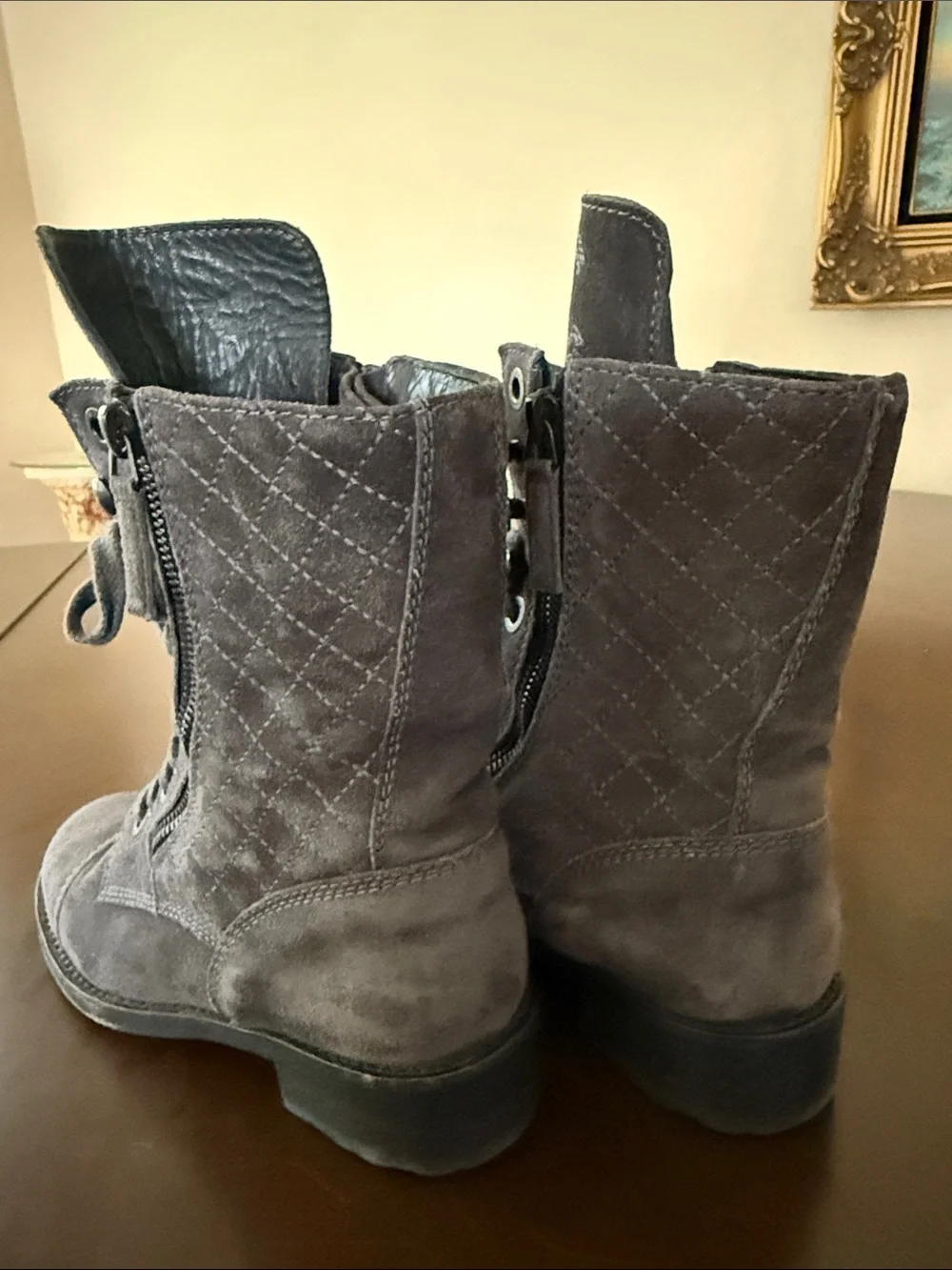 CHANEL Gray Suede Lace-Up Ankle Boots with CC Stitching- combat boot